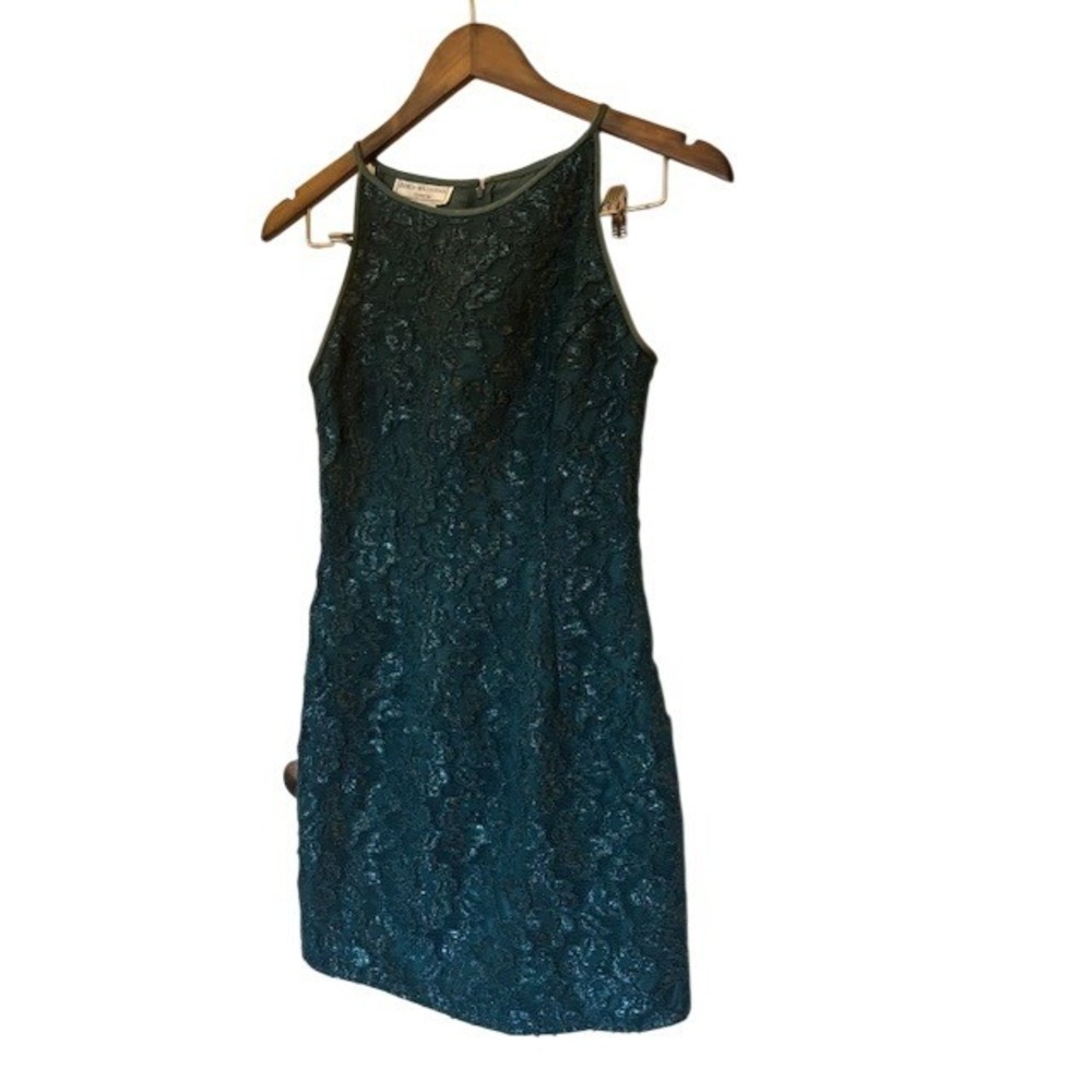 Jessica McClintock Gunne Sax Teal Metallic Lace Mini Dress 3/4 Wedding Formal